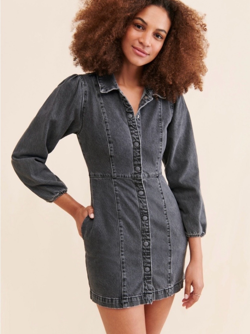 Free People Washed Black Button-Front Denim Mini Dress